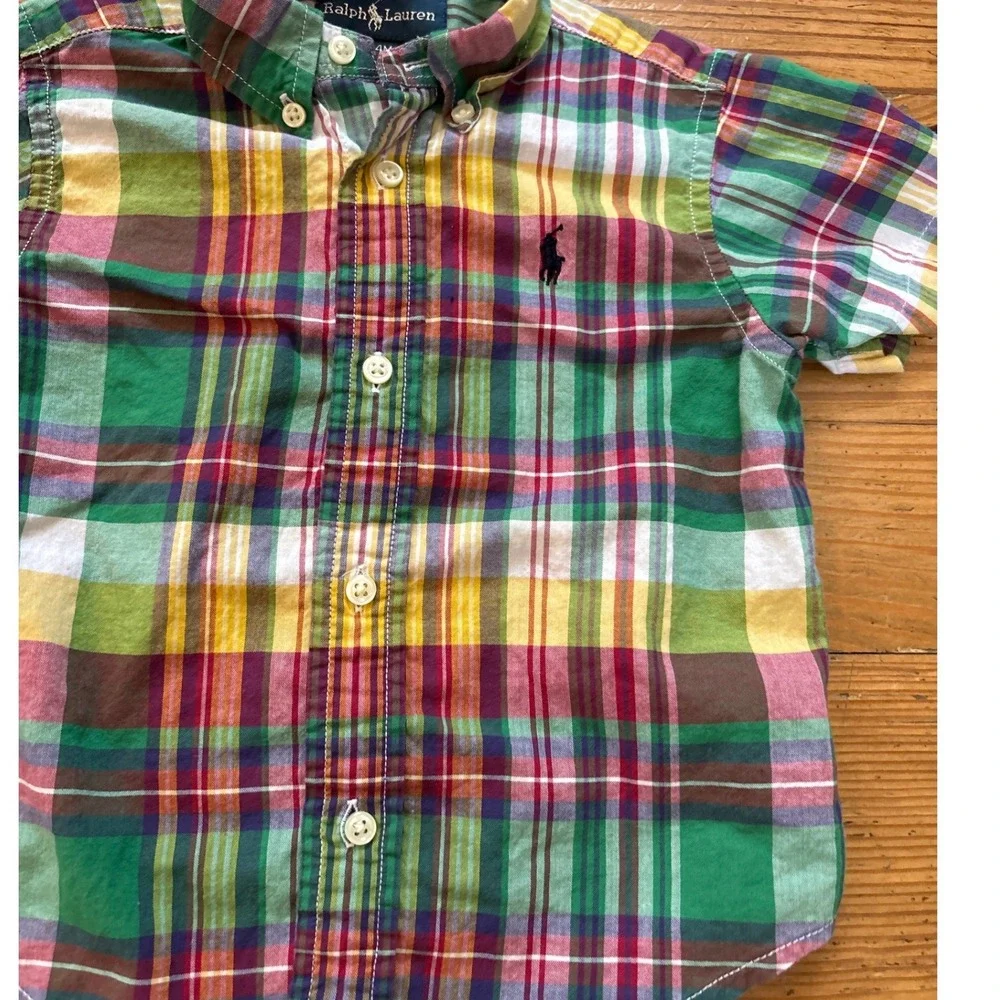 Ralph‎ Lauren Plaid Button Down Shirt Kids Multi Color Short Sleeve SIZE 24M